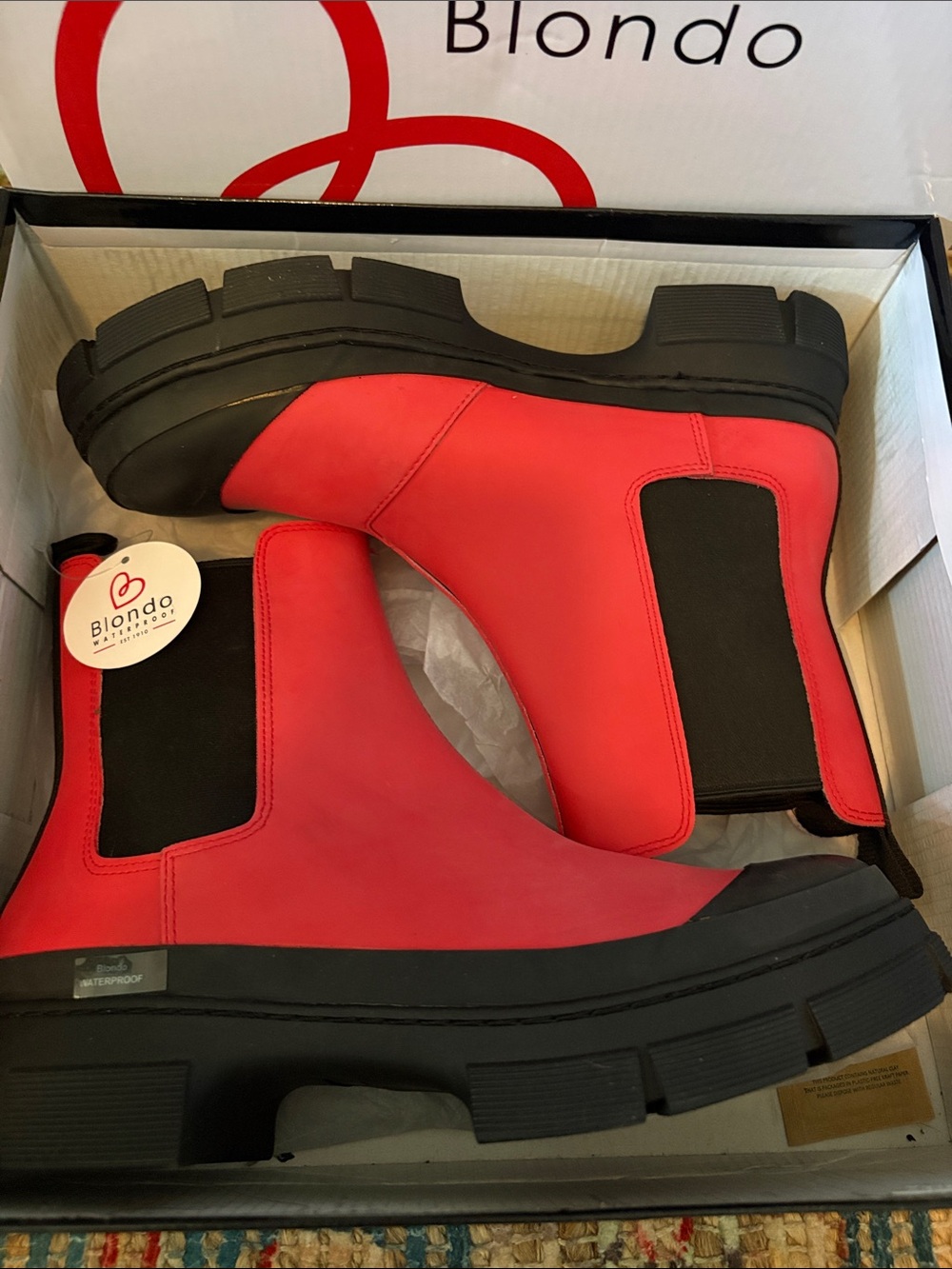 BLONDO HELGA CHELSEA RED RAIN-BOOTS WATERPROOF lug sole SZ 9.5